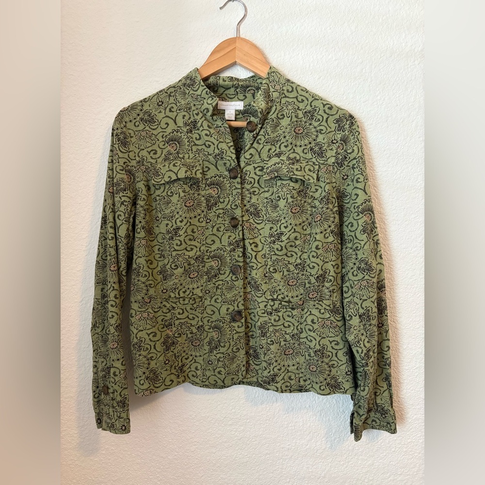 Charter Club Linen Blend Floral Botanical Utility Boho Jacket Green Small